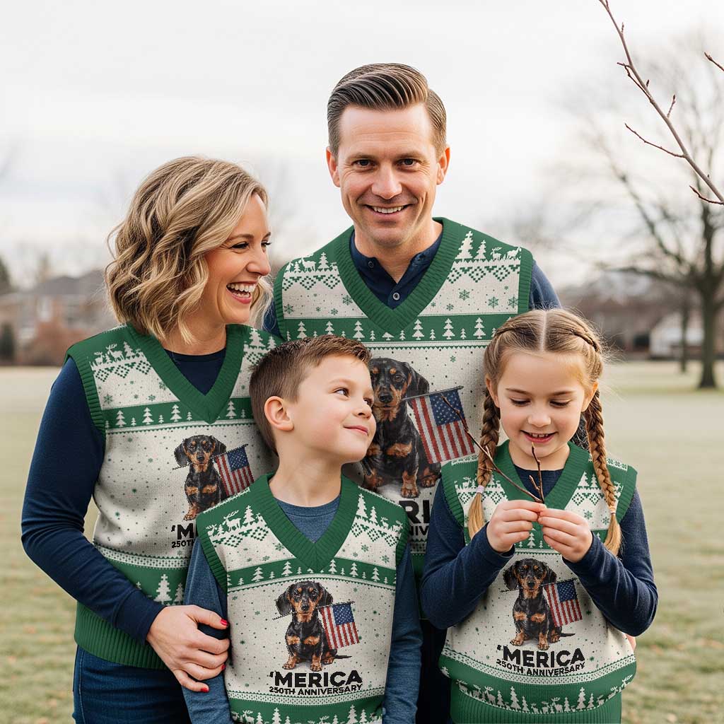 Merica Dachshund Lover V-Neck Knit Sweater Vest 250th Anniversary Gift TS12 Beige Green Print Your Wear