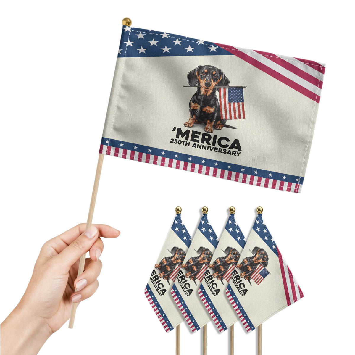 Merica Dachshund Lover Patriotic Handheld Flag 250th Anniversary Gift TS12 Print Your Wear