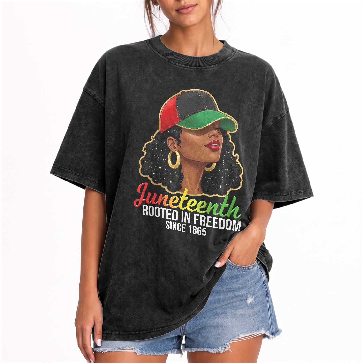 Black Woman Juneteenth Graphic Washed Cotton T-Shirt Rooted In Freedom Since 1865