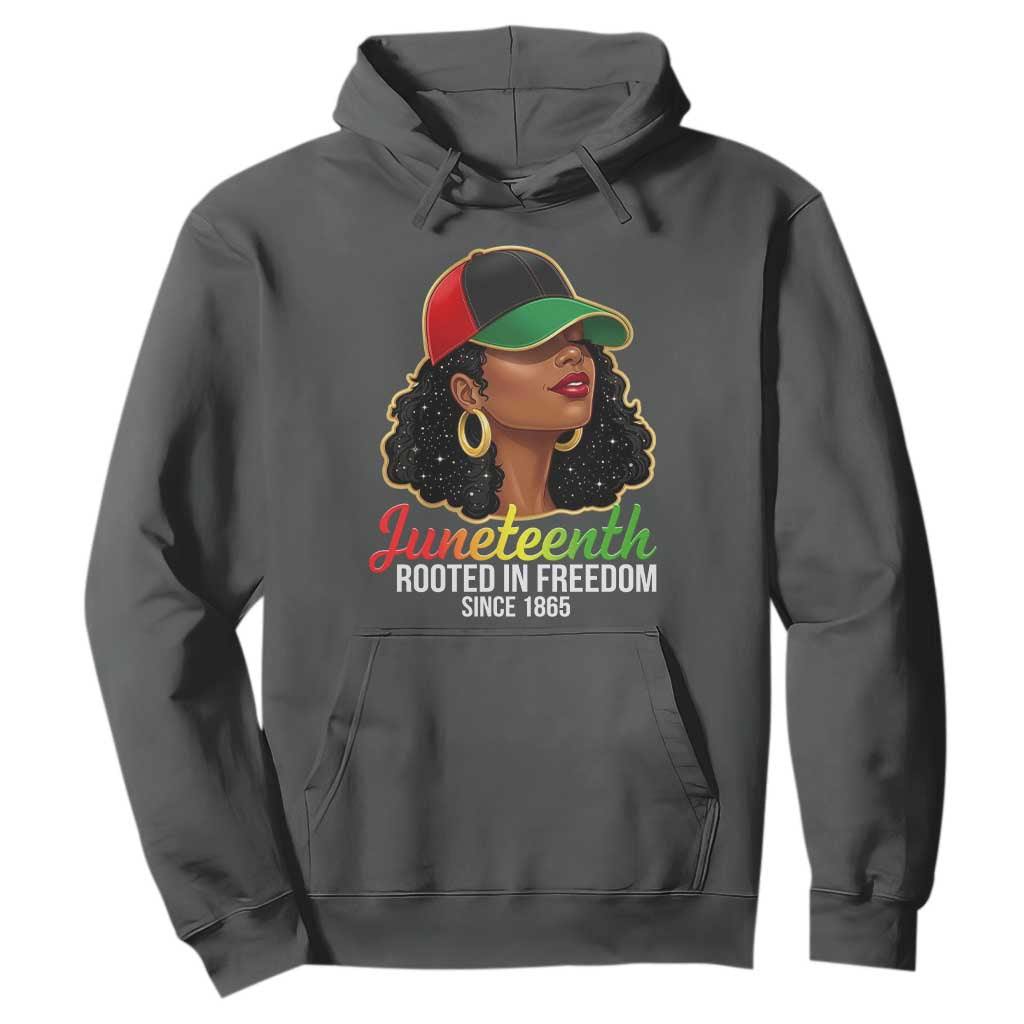 Black Woman Juneteenth Graphic Hoodie Rooted In Freedom Since 1865 TS12 Dark Heather Print Your Wear