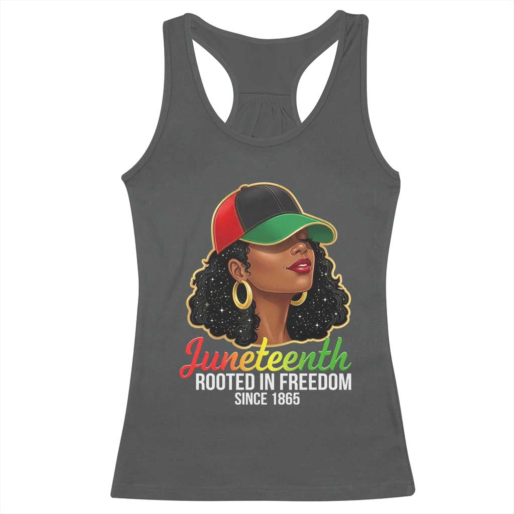 Black Woman Juneteenth Graphic Racerback Tank Top Rooted In Freedom Since 1865 TS12 Dark Heather Print Your Wear