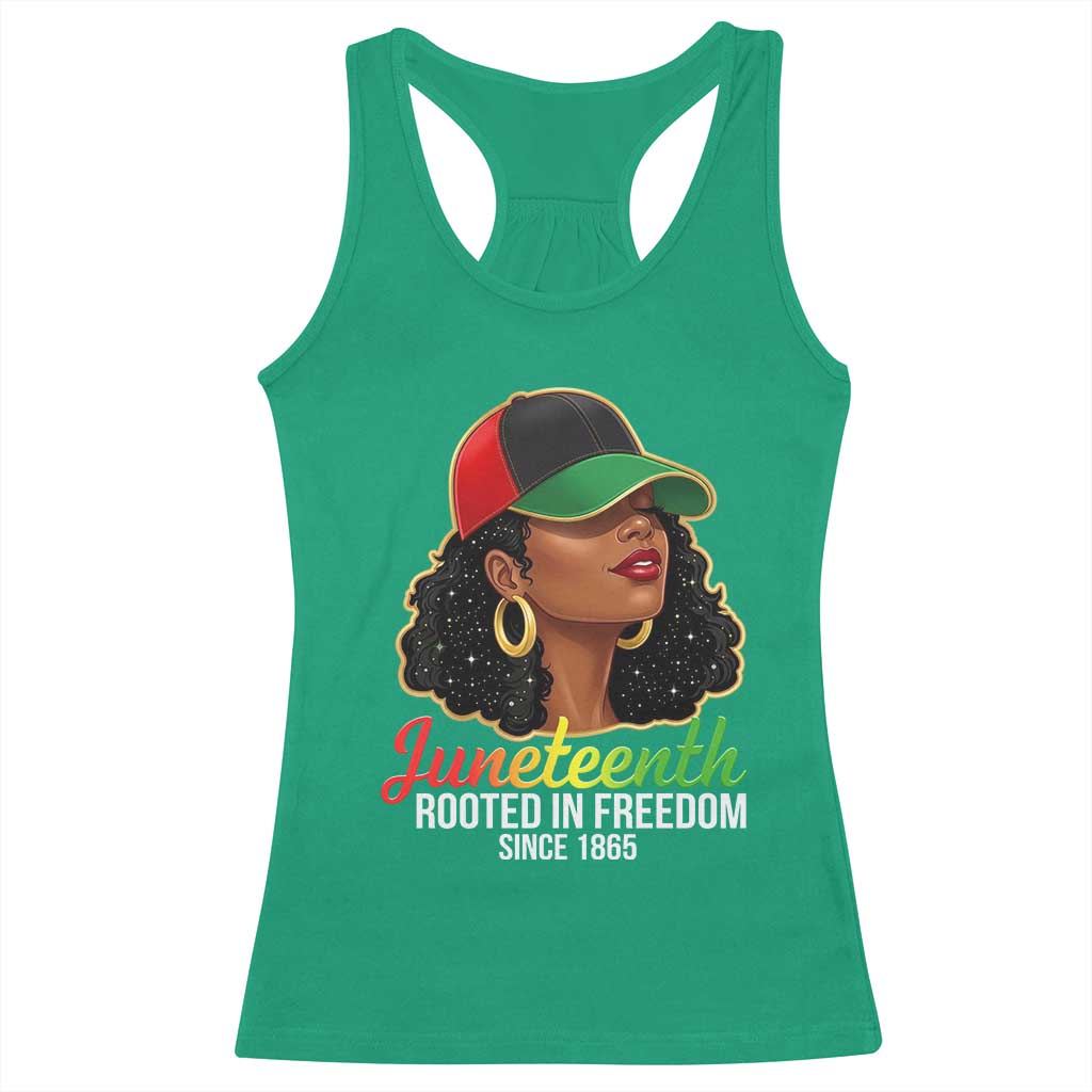 Black Woman Juneteenth Graphic Racerback Tank Top Rooted In Freedom Since 1865 TS12 Irish Green Print Your Wear