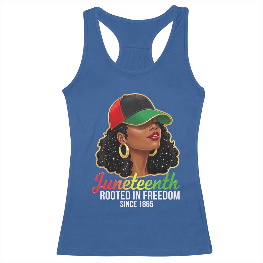 Black Woman Juneteenth Graphic Racerback Tank Top Rooted In Freedom Since 1865 TS12 Royal Blue Print Your Wear