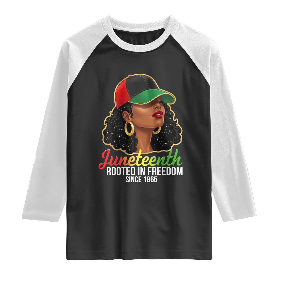 Black Woman Juneteenth Graphic Raglan Shirt Rooted In Freedom Since 1865 TS12 Black White Print Your Wear