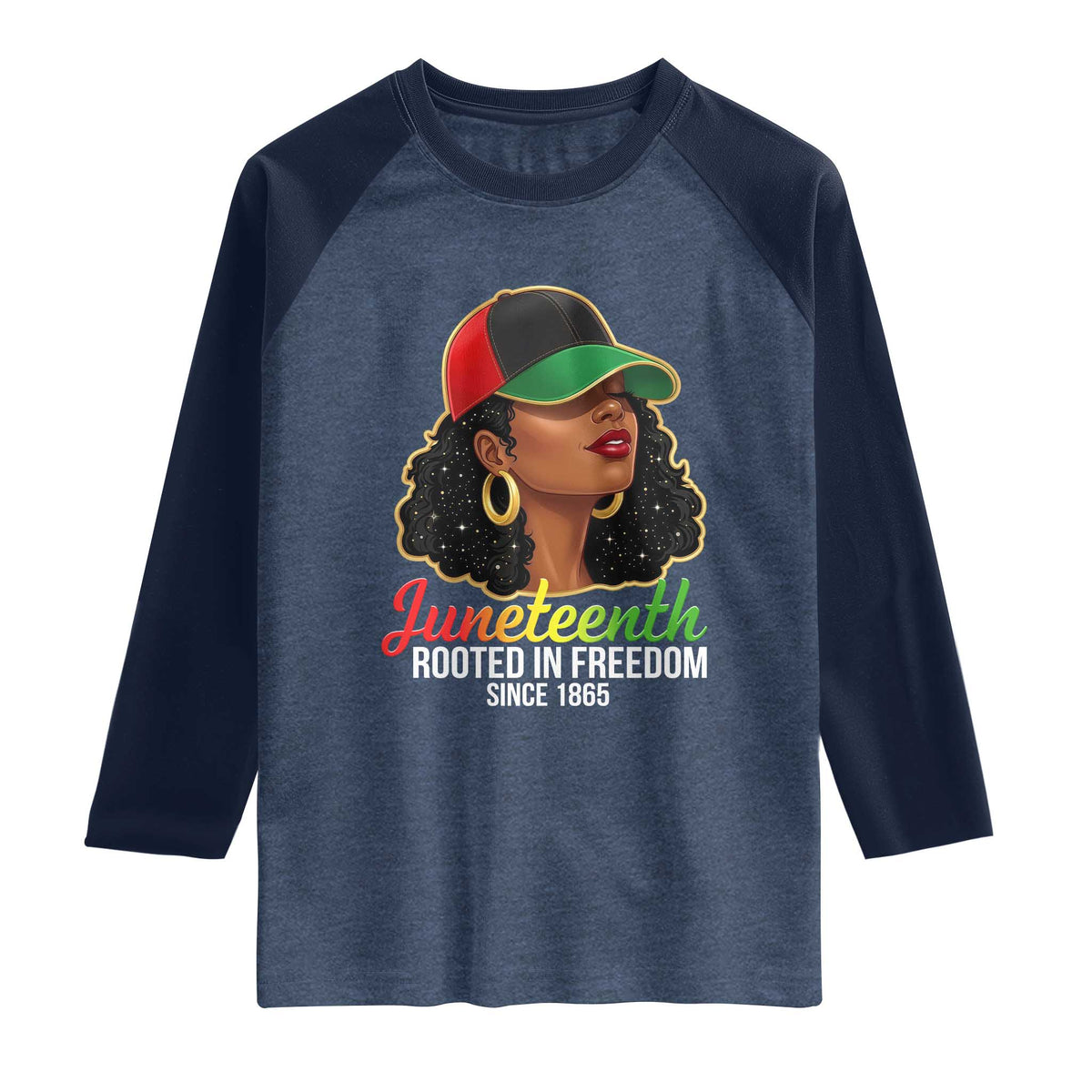 Black Woman Juneteenth Graphic Raglan Shirt Rooted In Freedom Since 1865 TS12 Heather Denim Navy Print Your Wear