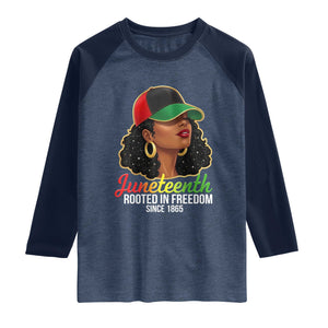 Black Woman Juneteenth Graphic Raglan Shirt Rooted In Freedom Since 1865 TS12 Heather Denim Navy Print Your Wear