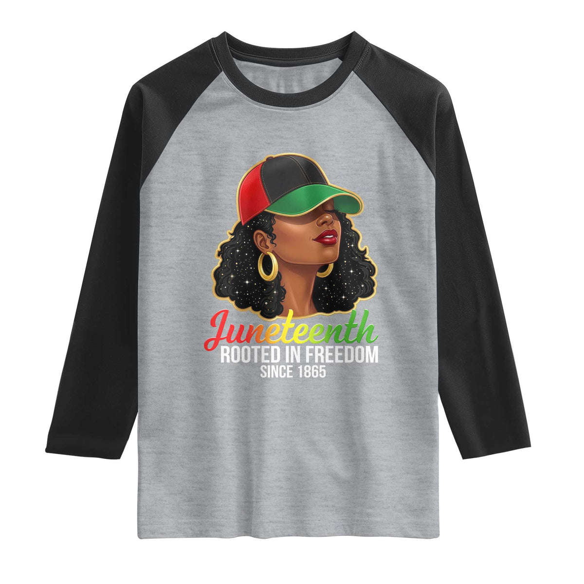 Black Woman Juneteenth Graphic Raglan Shirt Rooted In Freedom Since 1865 TS12 Heather Gray Black Print Your Wear