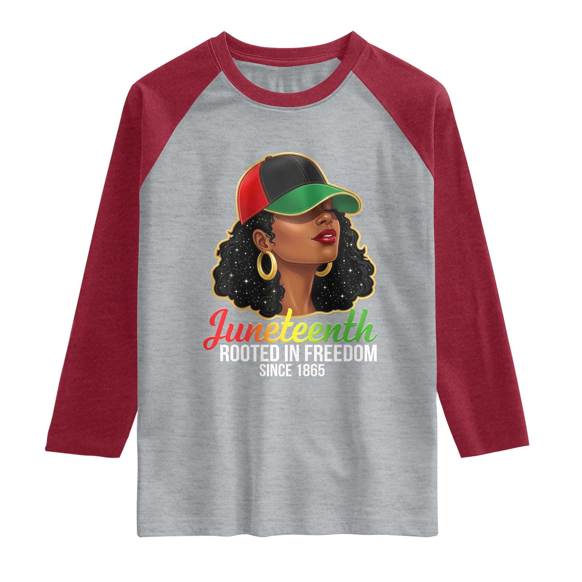 Black Woman Juneteenth Graphic Raglan Shirt Rooted In Freedom Since 1865 TS12 Heather Gray Heather Red Print Your Wear