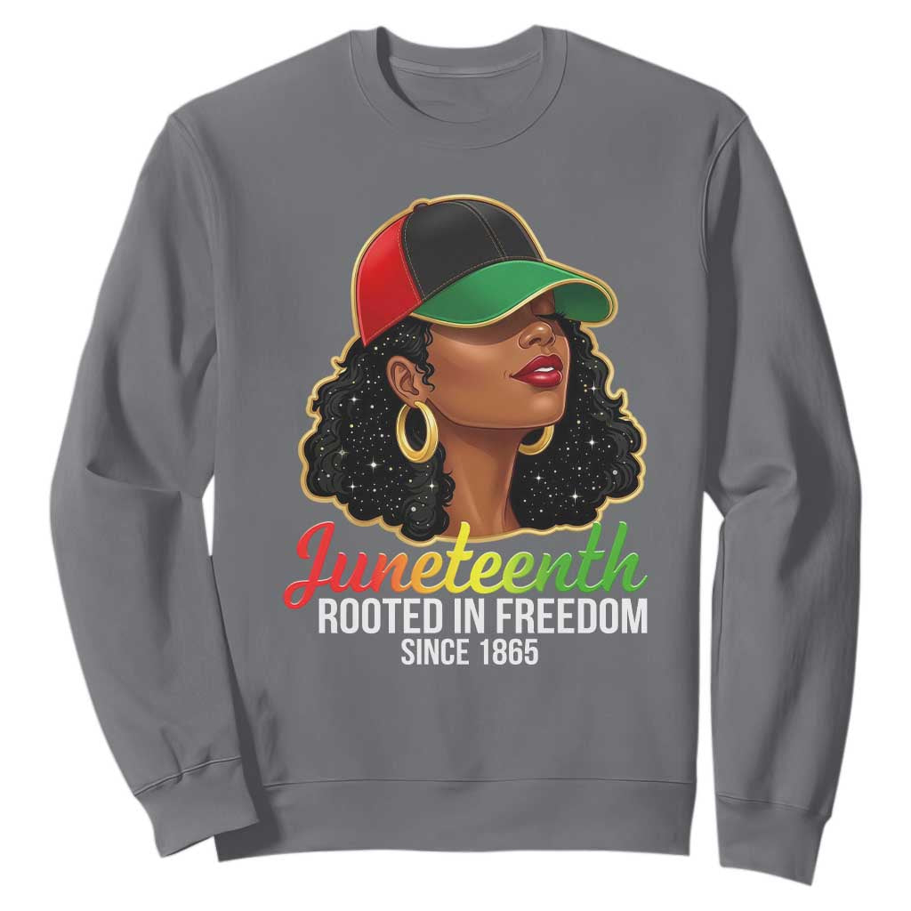 Black Woman Juneteenth Graphic Sweatshirt Rooted In Freedom Since 1865 TS12 Charcoal Print Your Wear