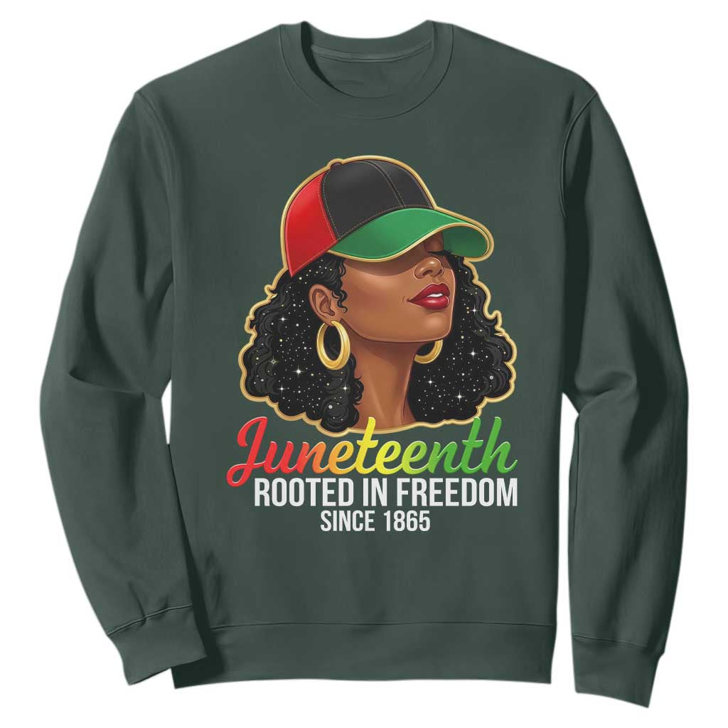 Black Woman Juneteenth Graphic Sweatshirt Rooted In Freedom Since 1865 TS12 Dark Forest Green Print Your Wear