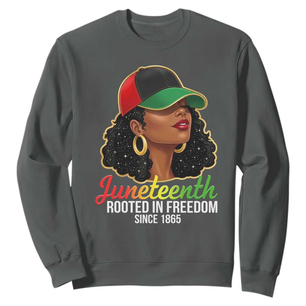 Black Woman Juneteenth Graphic Sweatshirt Rooted In Freedom Since 1865 TS12 Dark Heather Print Your Wear