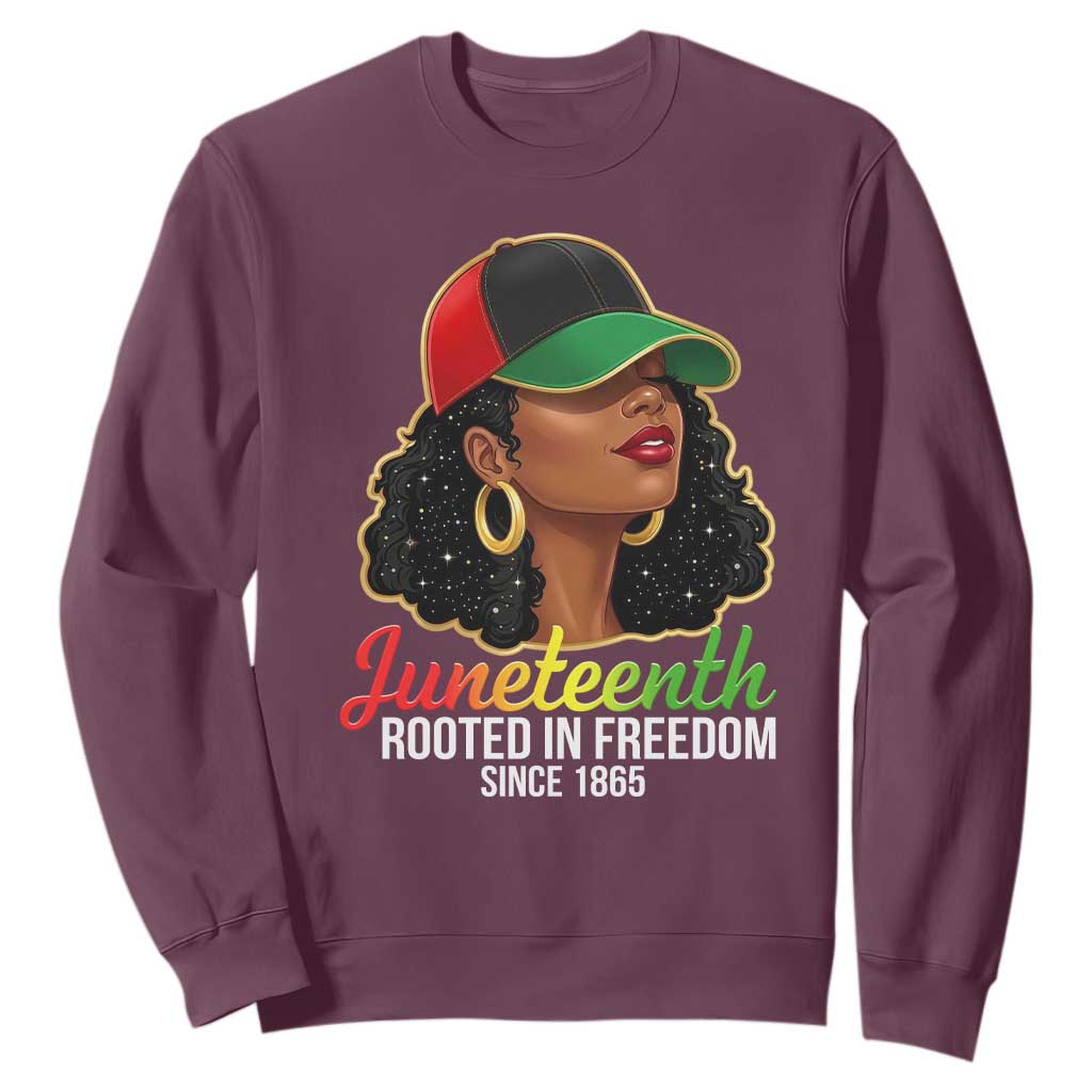 Black Woman Juneteenth Graphic Sweatshirt Rooted In Freedom Since 1865 TS12 Maroon Print Your Wear