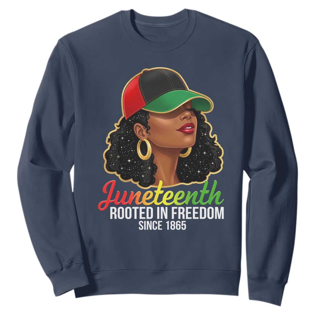 Black Woman Juneteenth Graphic Sweatshirt Rooted In Freedom Since 1865 TS12 Navy Print Your Wear