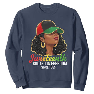 Black Woman Juneteenth Graphic Sweatshirt Rooted In Freedom Since 1865 TS12 Navy Print Your Wear