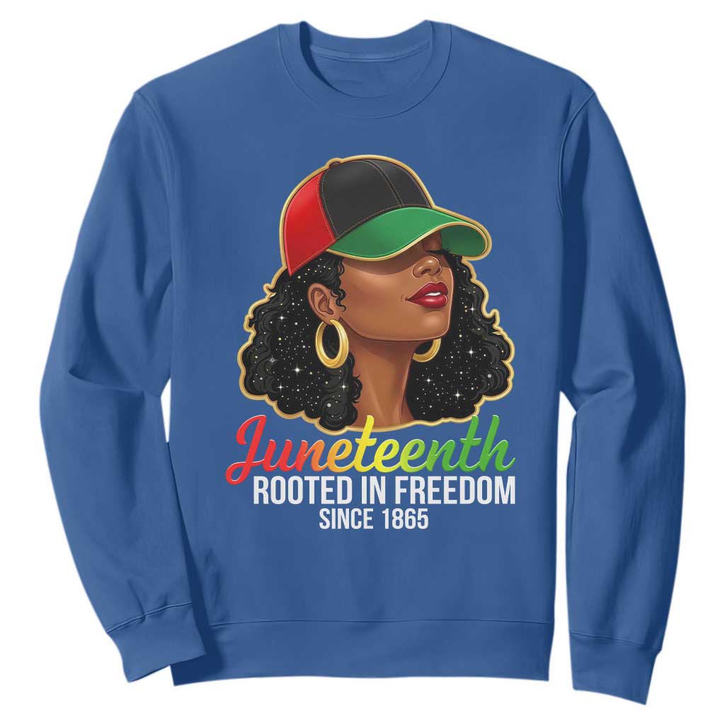 Black Woman Juneteenth Graphic Sweatshirt Rooted In Freedom Since 1865 TS12 Royal Blue Print Your Wear