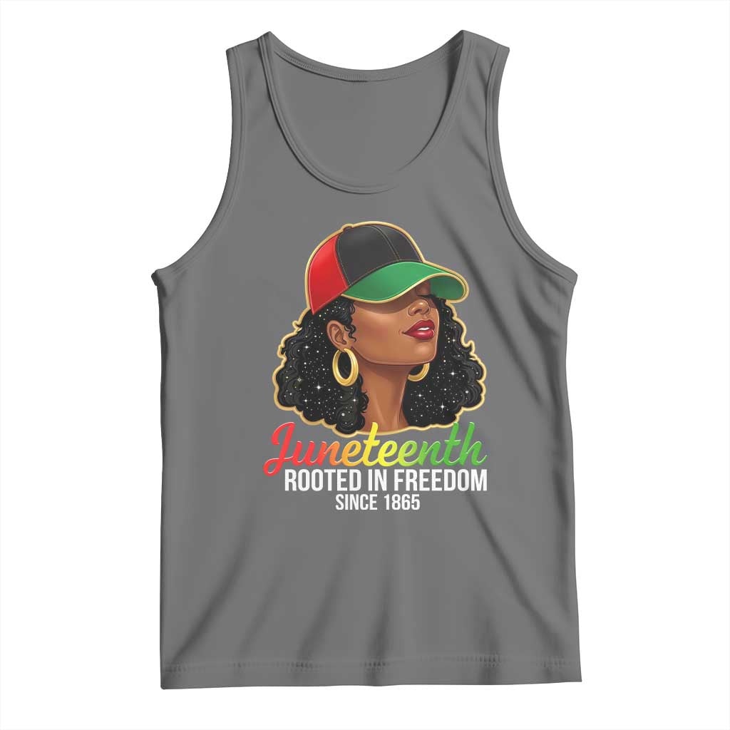 Black Woman Juneteenth Graphic Tank Top Rooted In Freedom Since 1865 TS12 Black Heather Print Your Wear