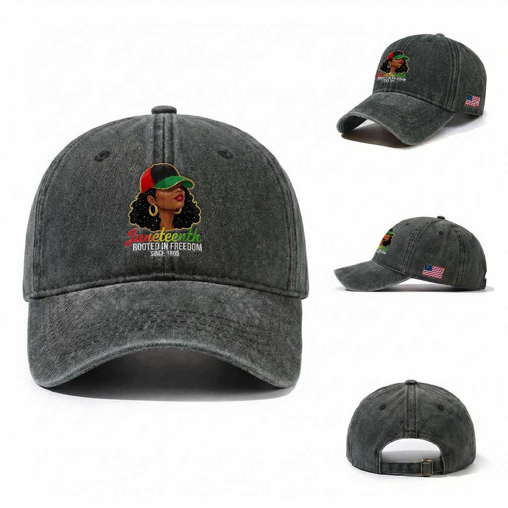 Black Woman Juneteenth Graphic Washed Cotton Baseball Cap Rooted In Freedom Since 1865 TS12 Washed Cap Universal Fit Dark Green Print Your Wear