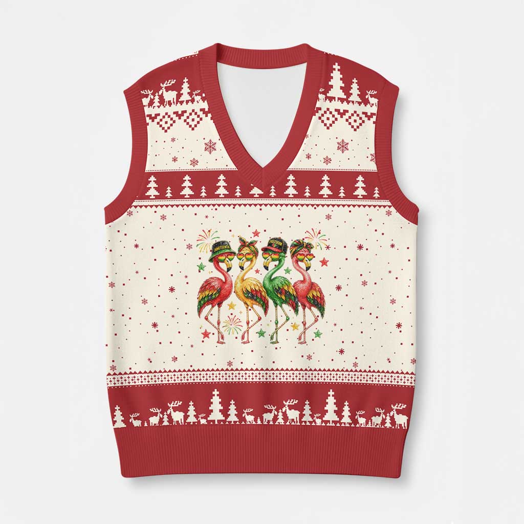 Funny Juneteenth Flamingos Squad V-Neck Knit Sweater Vest African American Heritage TS12 Beige Red Print Your Wear