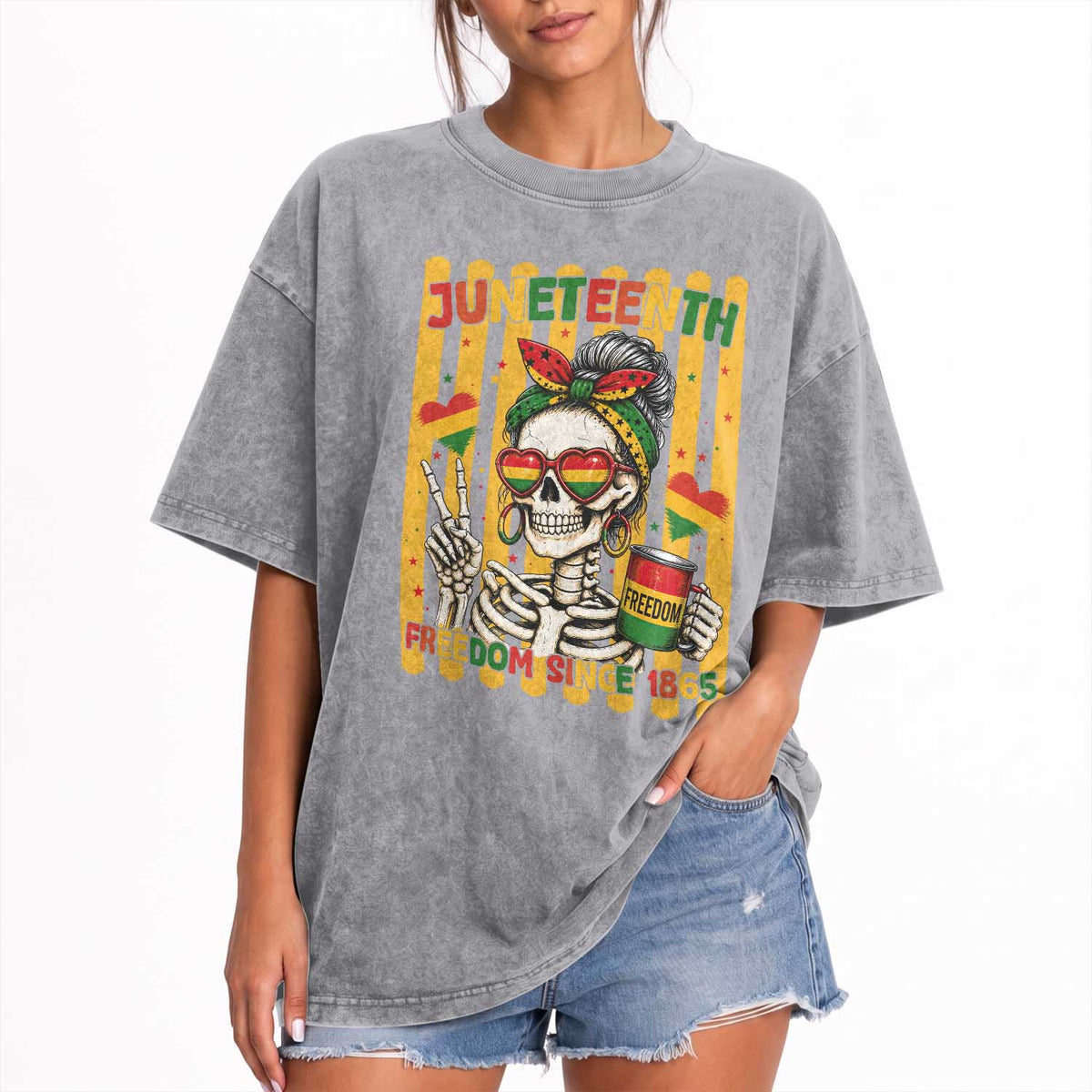 Skeleton Juneteenth Freedom Washed Cotton T-Shirt African American Pride Gift