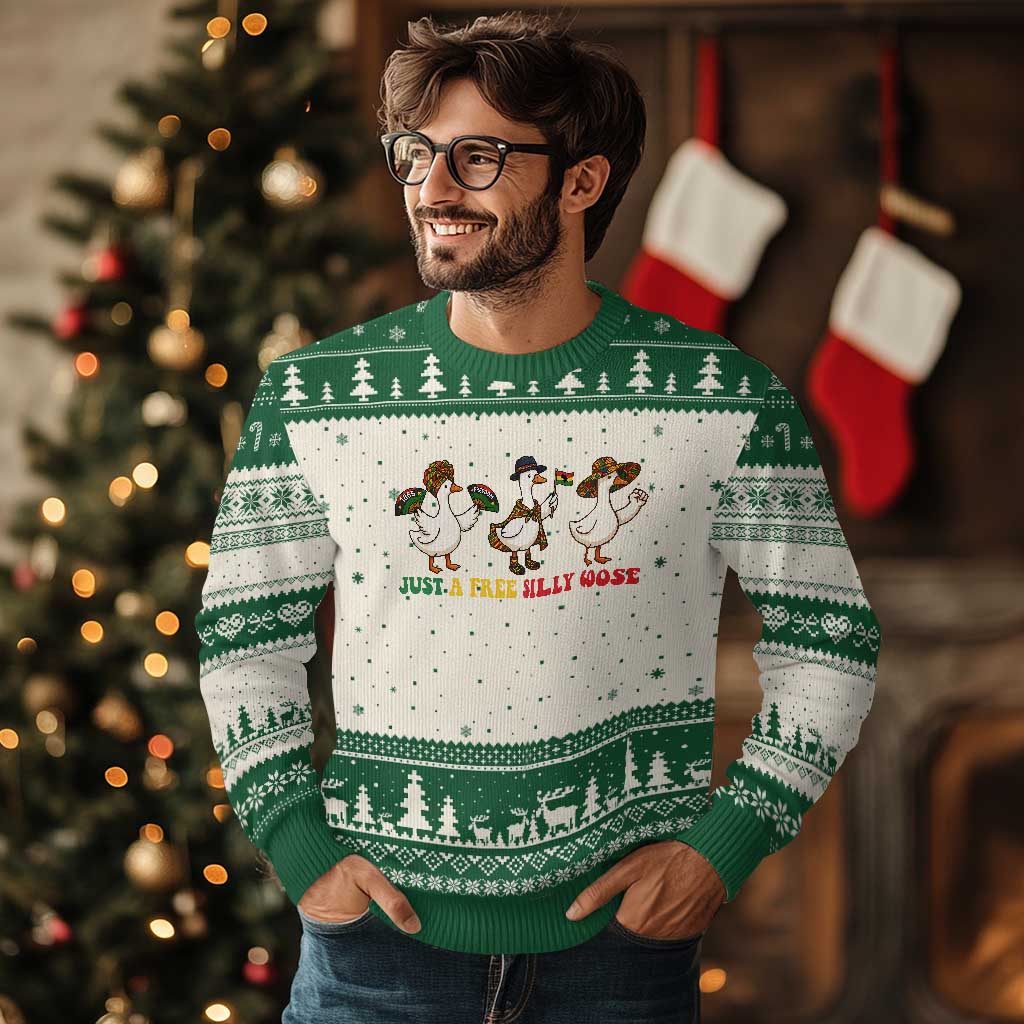 Funny Just A Free Silly Goose Ugly Christmas Sweater Juneteenth Freedom Day TS12 Beige Green Print Your Wear