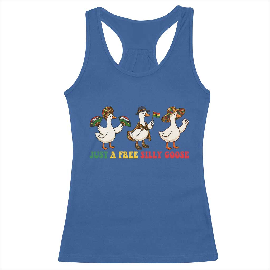 Funny Just A Free Silly Goose Racerback Tank Top Juneteenth Freedom Day TS12 Royal Blue Print Your Wear
