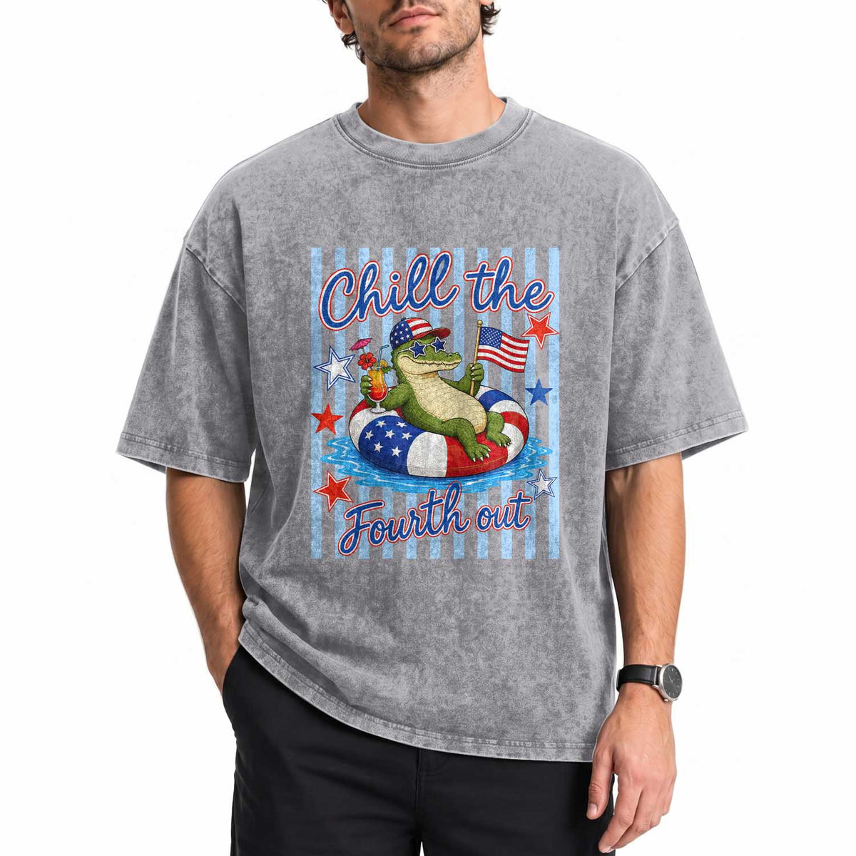 Funny Patriotic Alligator Washed Cotton T-Shirt Chill The Fourth Out