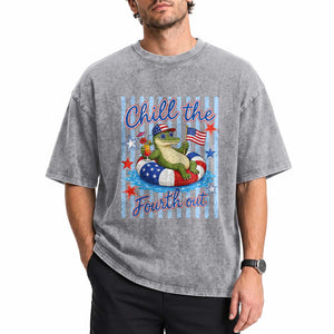 Funny Patriotic Alligator Washed Cotton T-Shirt Chill The Fourth Out