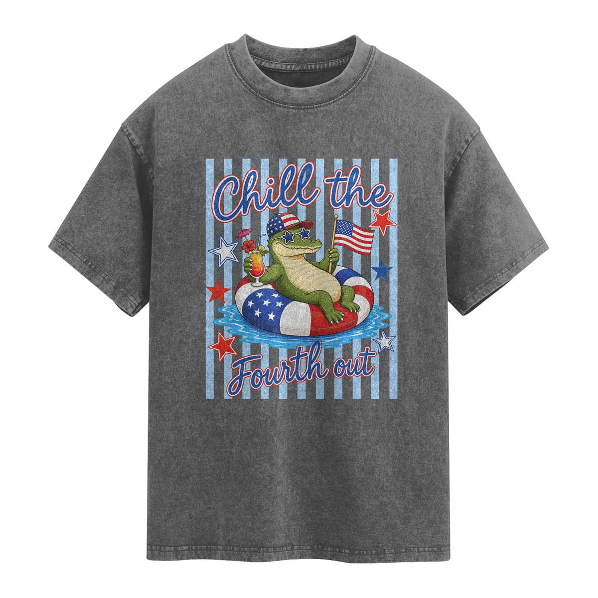 Funny Patriotic Alligator Washed Cotton T-Shirt Chill The Fourth Out