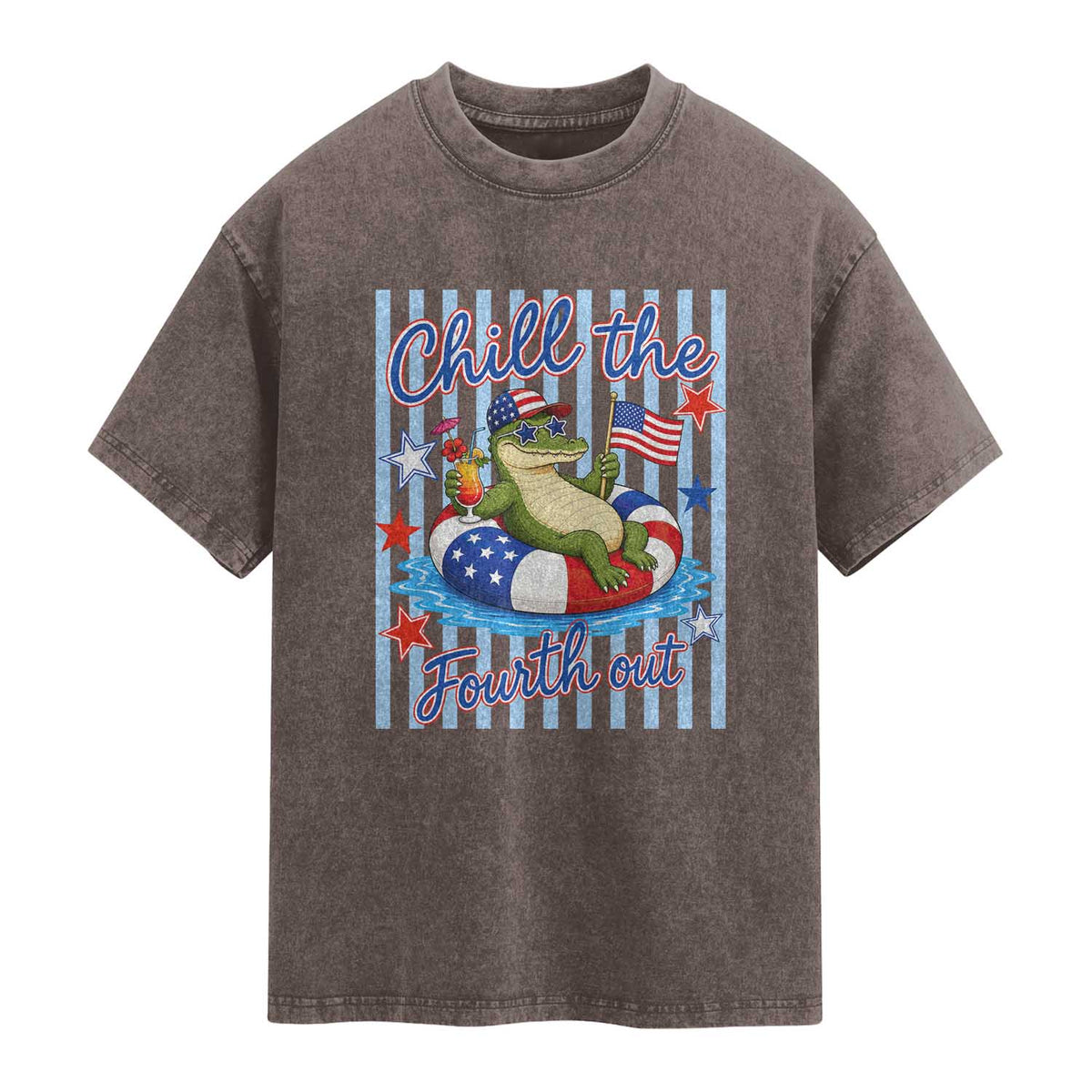 Funny Patriotic Alligator Washed Cotton T-Shirt Chill The Fourth Out