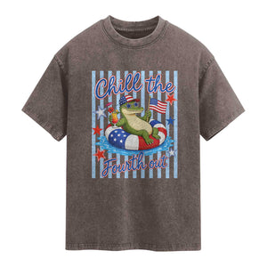 Funny Patriotic Alligator Washed Cotton T-Shirt Chill The Fourth Out