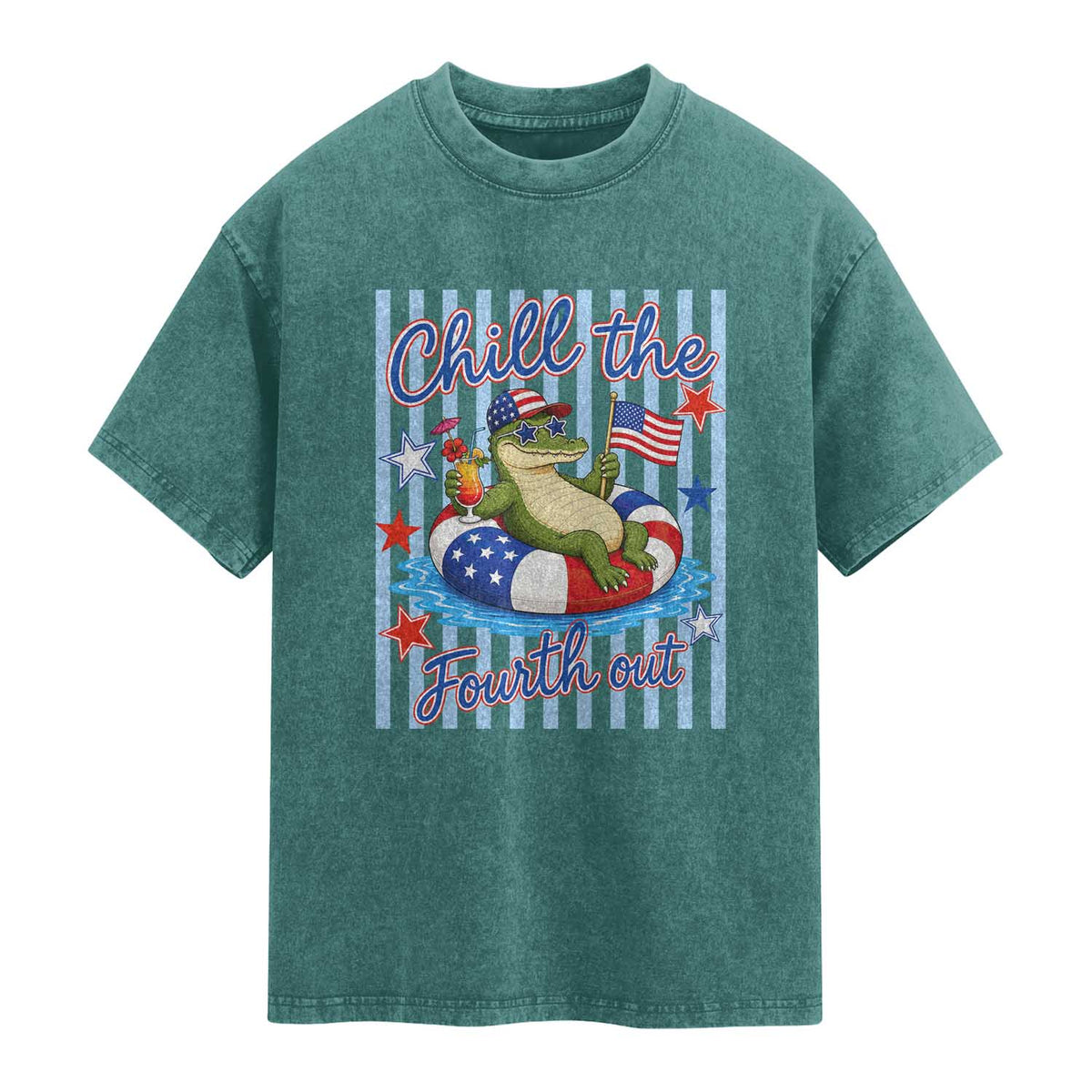 Funny Patriotic Alligator Washed Cotton T-Shirt Chill The Fourth Out