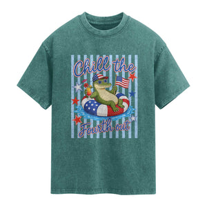 Funny Patriotic Alligator Washed Cotton T-Shirt Chill The Fourth Out