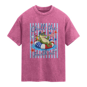 Funny Patriotic Alligator Washed Cotton T-Shirt Chill The Fourth Out