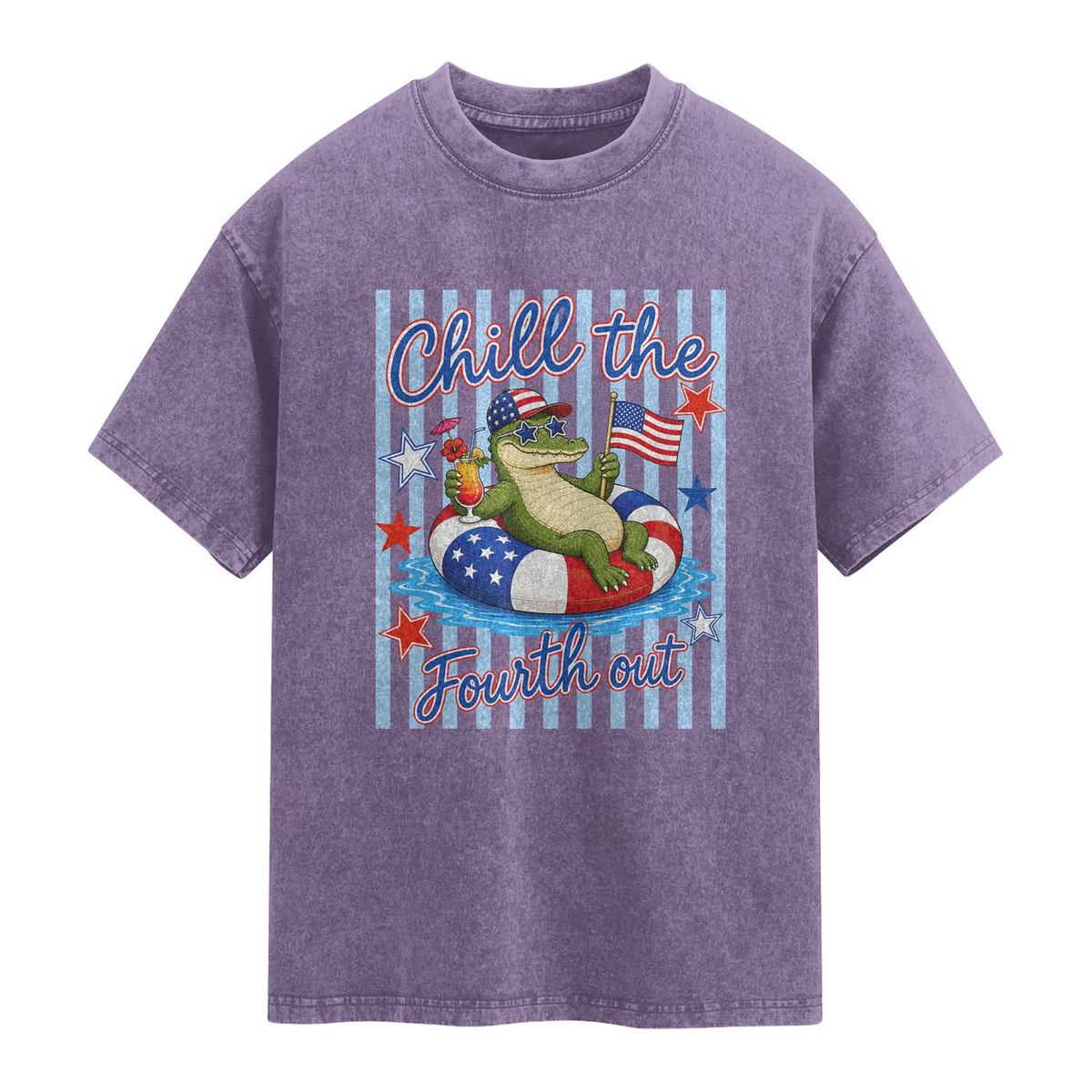 Funny Patriotic Alligator Washed Cotton T-Shirt Chill The Fourth Out
