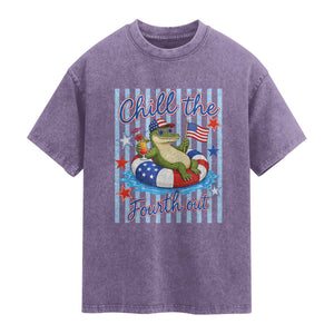 Funny Patriotic Alligator Washed Cotton T-Shirt Chill The Fourth Out