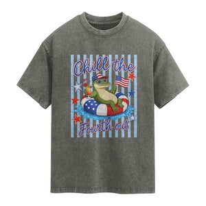 Funny Patriotic Alligator Washed Cotton T-Shirt Chill The Fourth Out