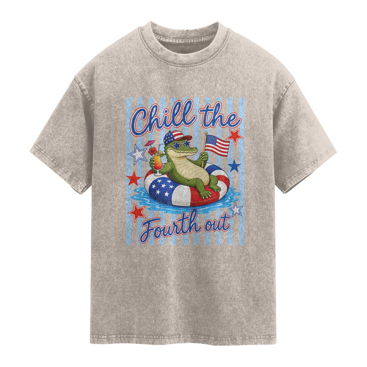 Funny Patriotic Alligator Washed Cotton T-Shirt Chill The Fourth Out