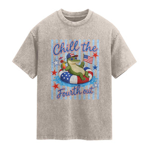 Funny Patriotic Alligator Washed Cotton T-Shirt Chill The Fourth Out