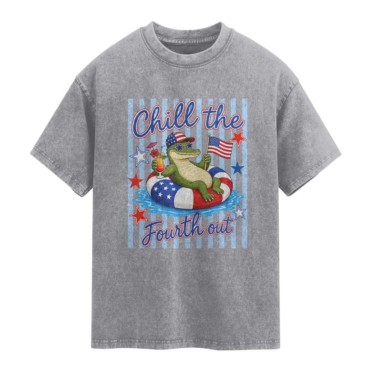 Funny Patriotic Alligator Washed Cotton T-Shirt Chill The Fourth Out