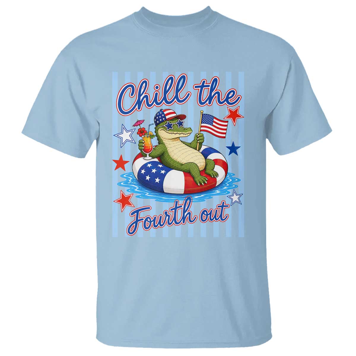 Funny Patriotic Alligator T Shirt Chill The Fourth Out TS12 Light Blue Print Your Wear