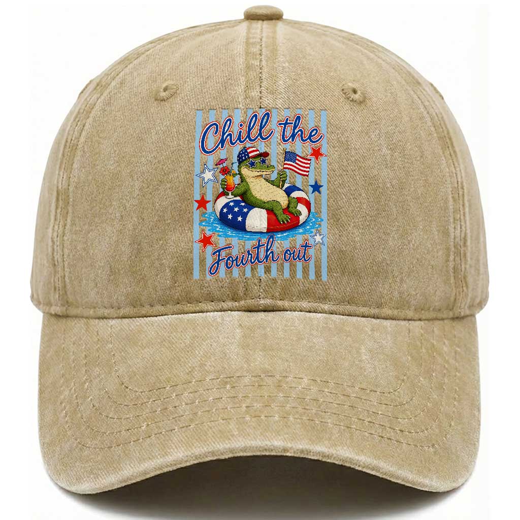 Funny Patriotic Alligator Washed Cotton Baseball Cap Chill The Fourth Out TS12 Print Your Wear