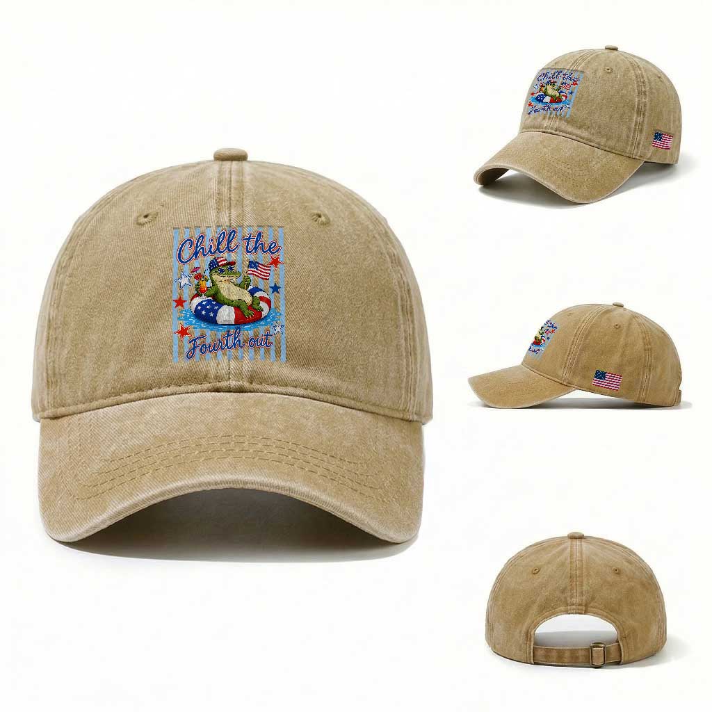 Funny Patriotic Alligator Washed Cotton Baseball Cap Chill The Fourth Out TS12 Washed Cap Universal Fit Khaki Print Your Wear