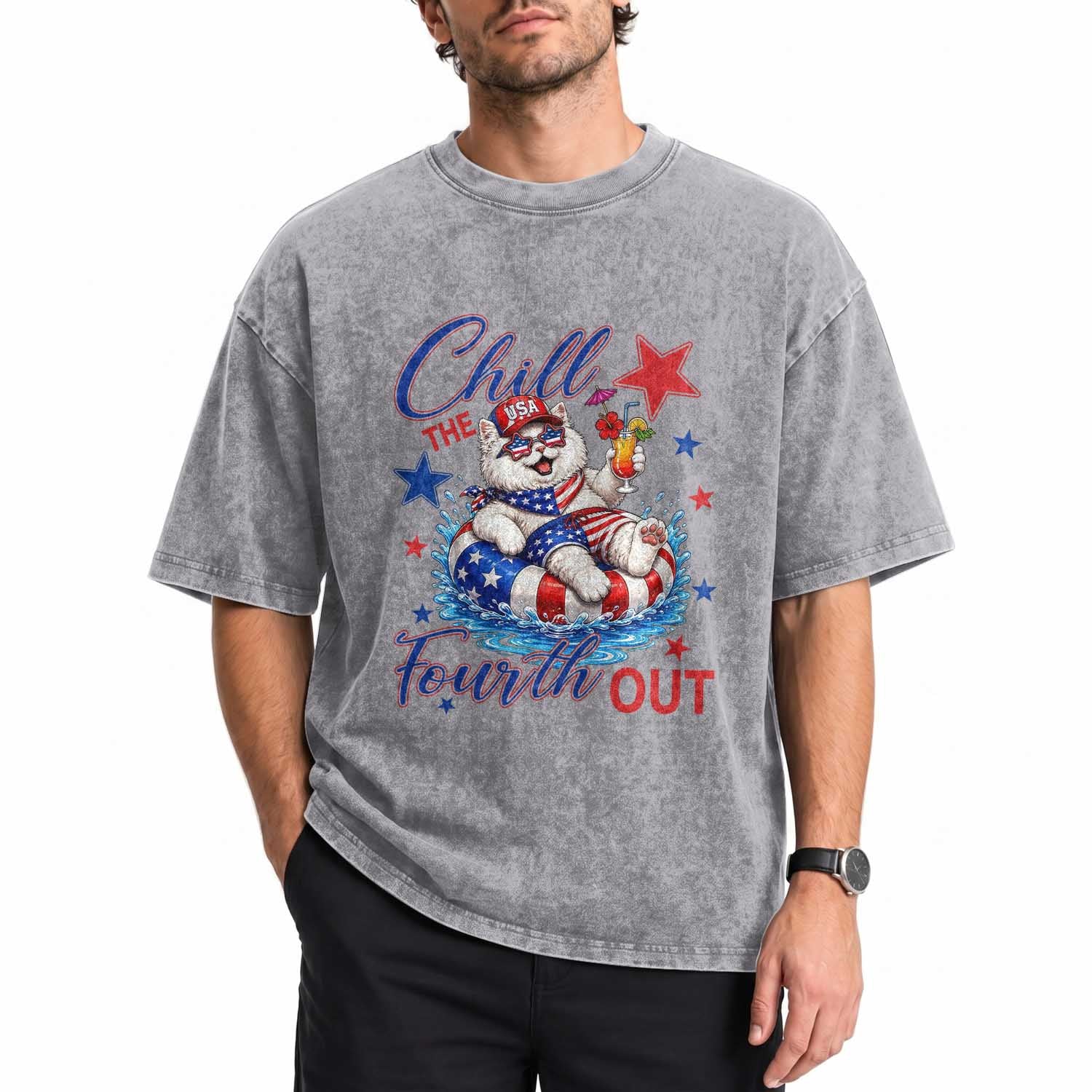 Funny Patriotic Persian Cat Washed Cotton T-Shirt Chill The Fourth Out