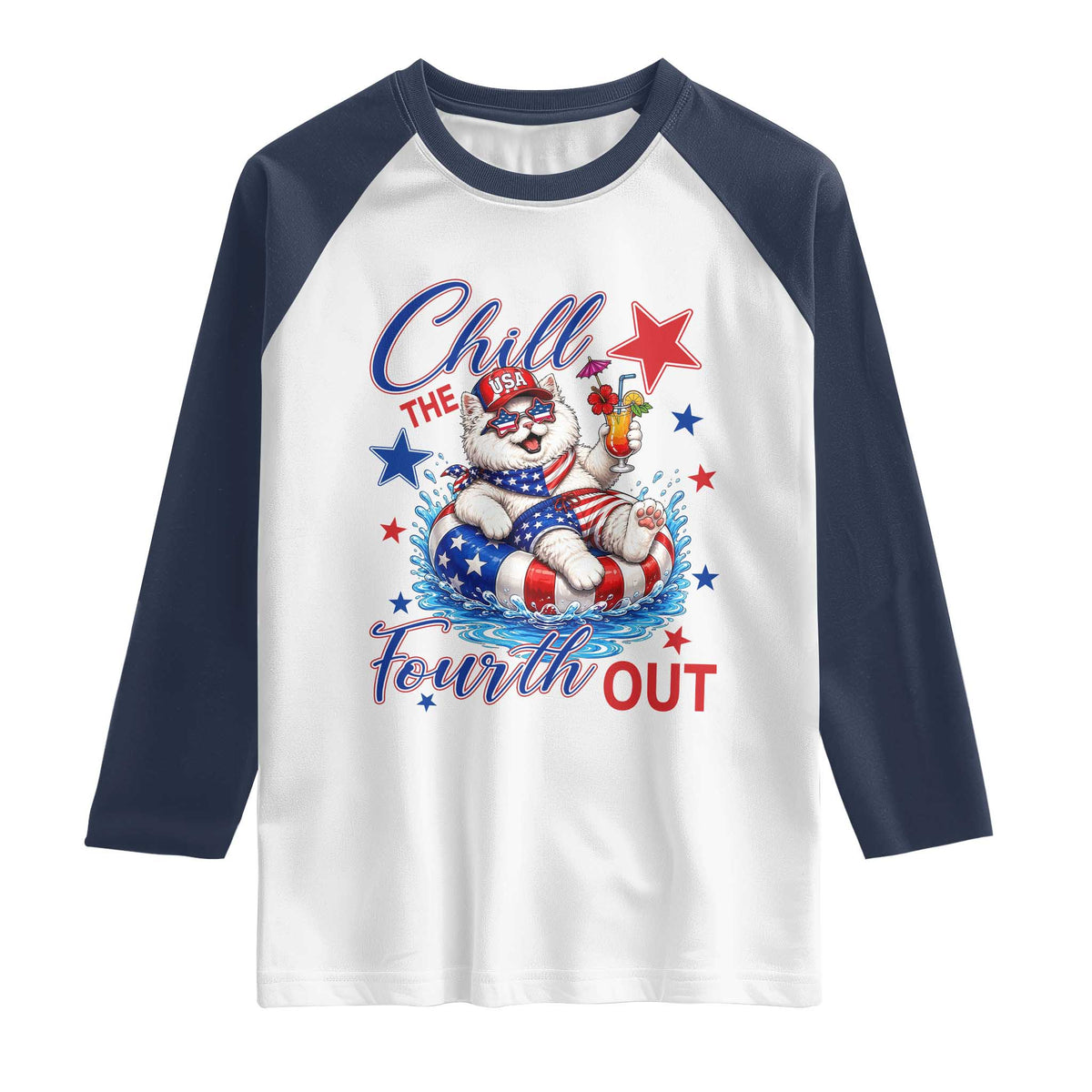 Funny Patriotic Persian Cat Raglan Shirt Chill The Fourth Out TS12 White Navy Print Your Wear