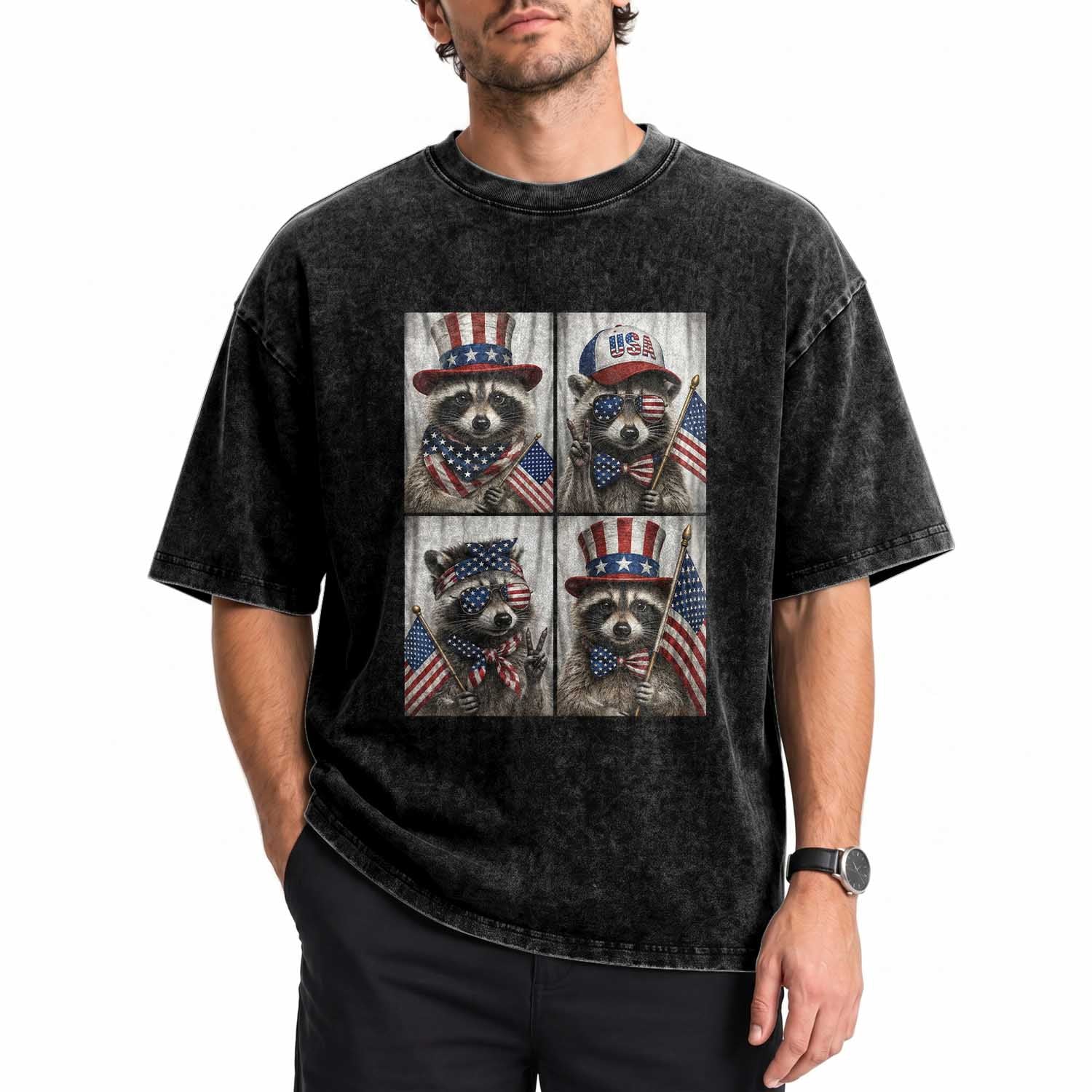 Funny Patriotic Raccoon Selfie Washed Cotton T-Shirt USA Flag Red White And Blue Graphic