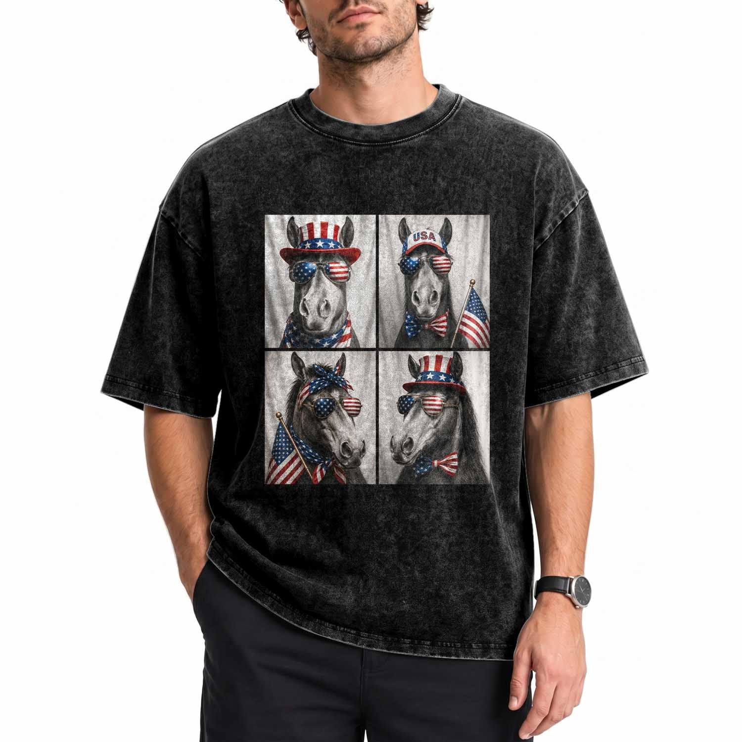Patriotic Horse Selfie Squad Washed Cotton T-Shirt USA Flag Red White And Blue Graphic