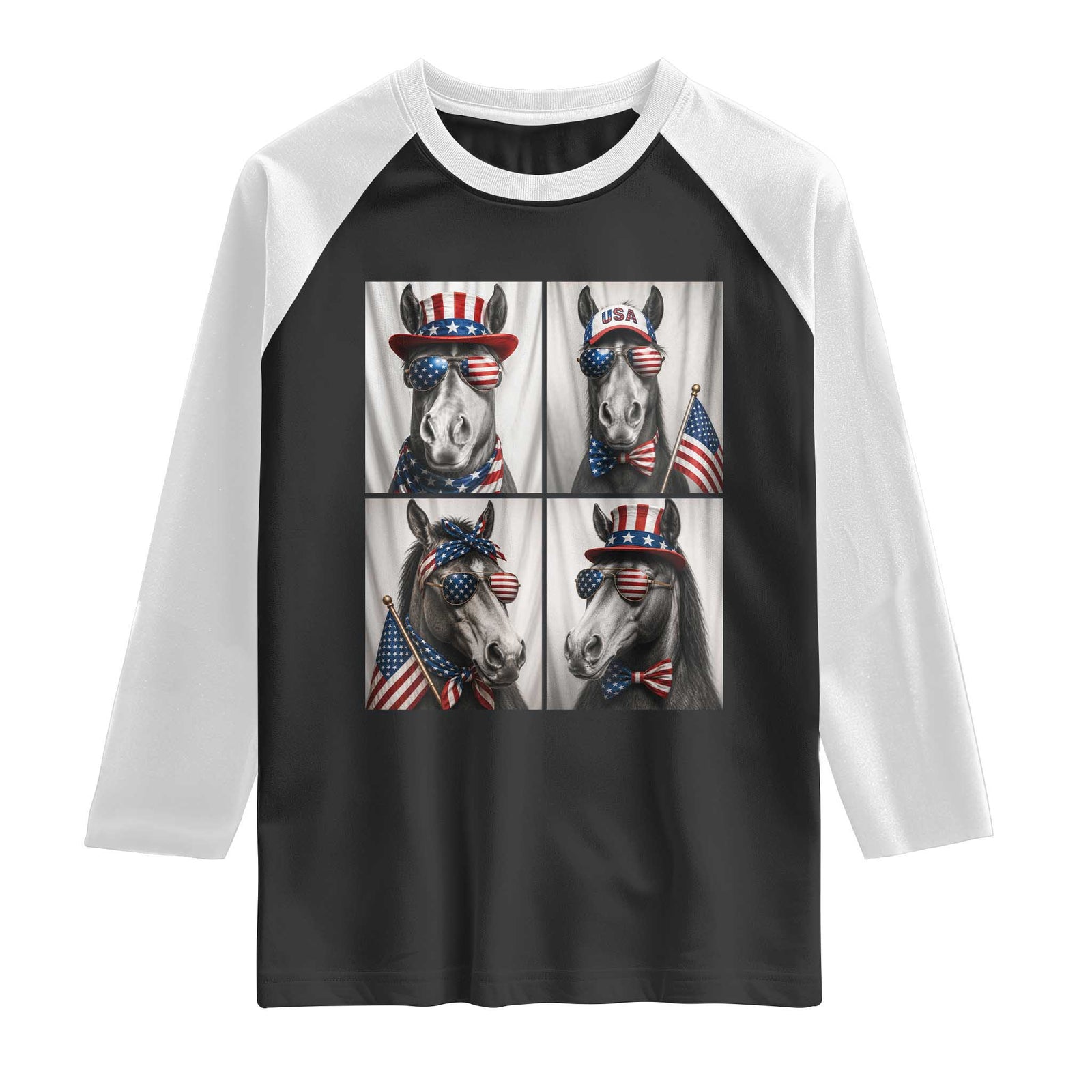 Patriotic Horse Selfie Squad Raglan Shirt USA Flag Red White And Blue Graphic TS12 Black White Print Your Wear
