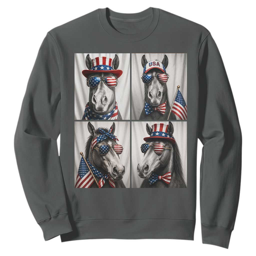 Patriotic Horse Selfie Squad Sweatshirt USA Flag Red White And Blue Graphic TS12 Dark Heather Print Your Wear