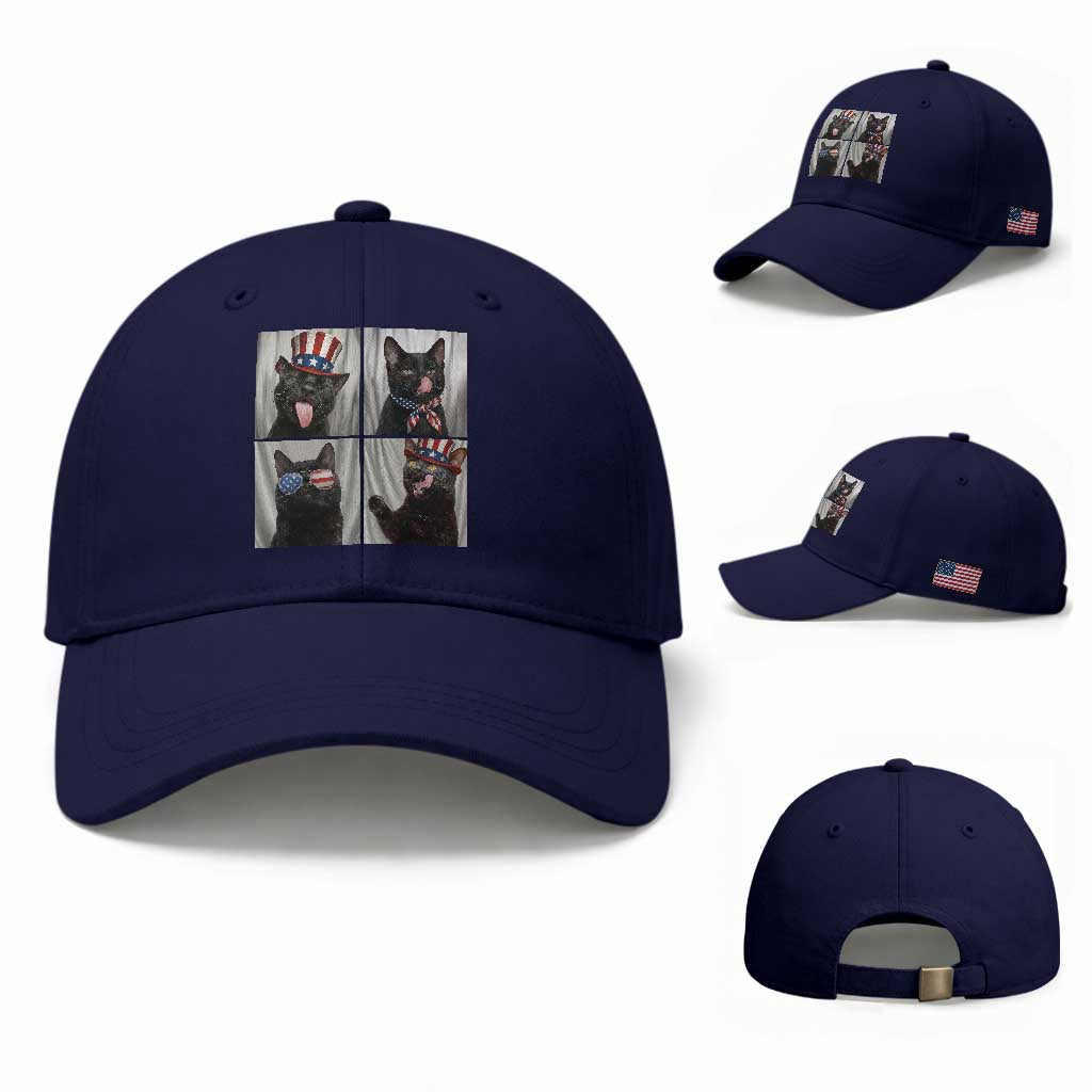 Funny Patriotic Black British Shorthair Cat Selfie Baseball Cap TS12 Baseball Cap Universal Fit Dark Blue Print Your Wear
