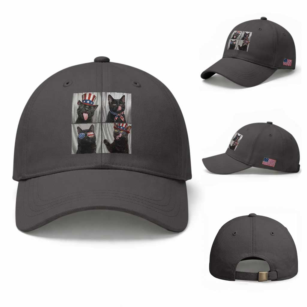 Funny Patriotic Black British Shorthair Cat Selfie Baseball Cap TS12 Baseball Cap Universal Fit Dark Gray Print Your Wear